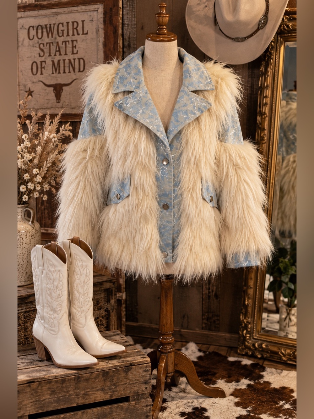 Genuine Fox Fur Denim Jacket Cream Blue Western Cowgirl Y2K M/L